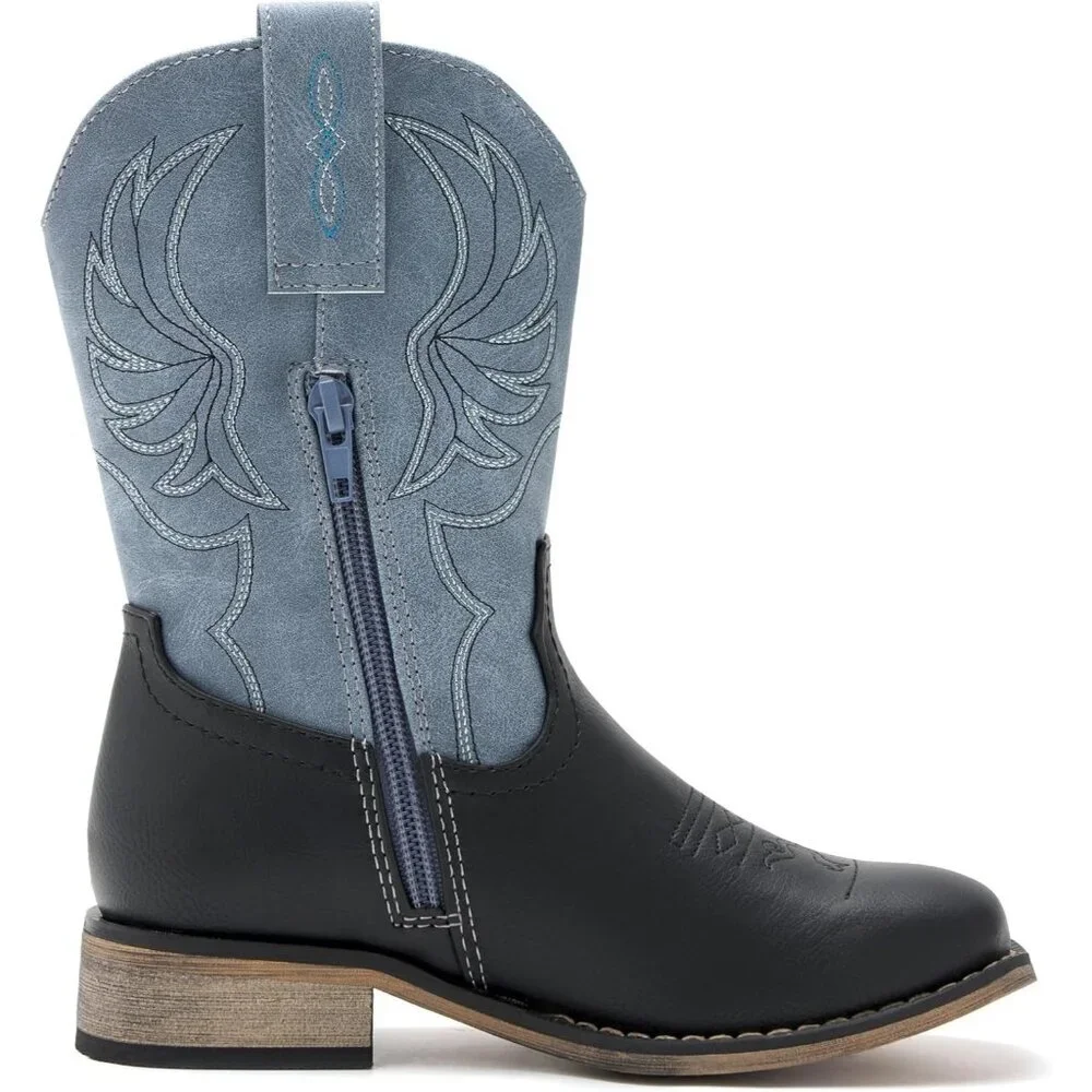 ⚡Girls Blue Black Embroidered Cowgirl Boots Western Square Toe Mid Calf